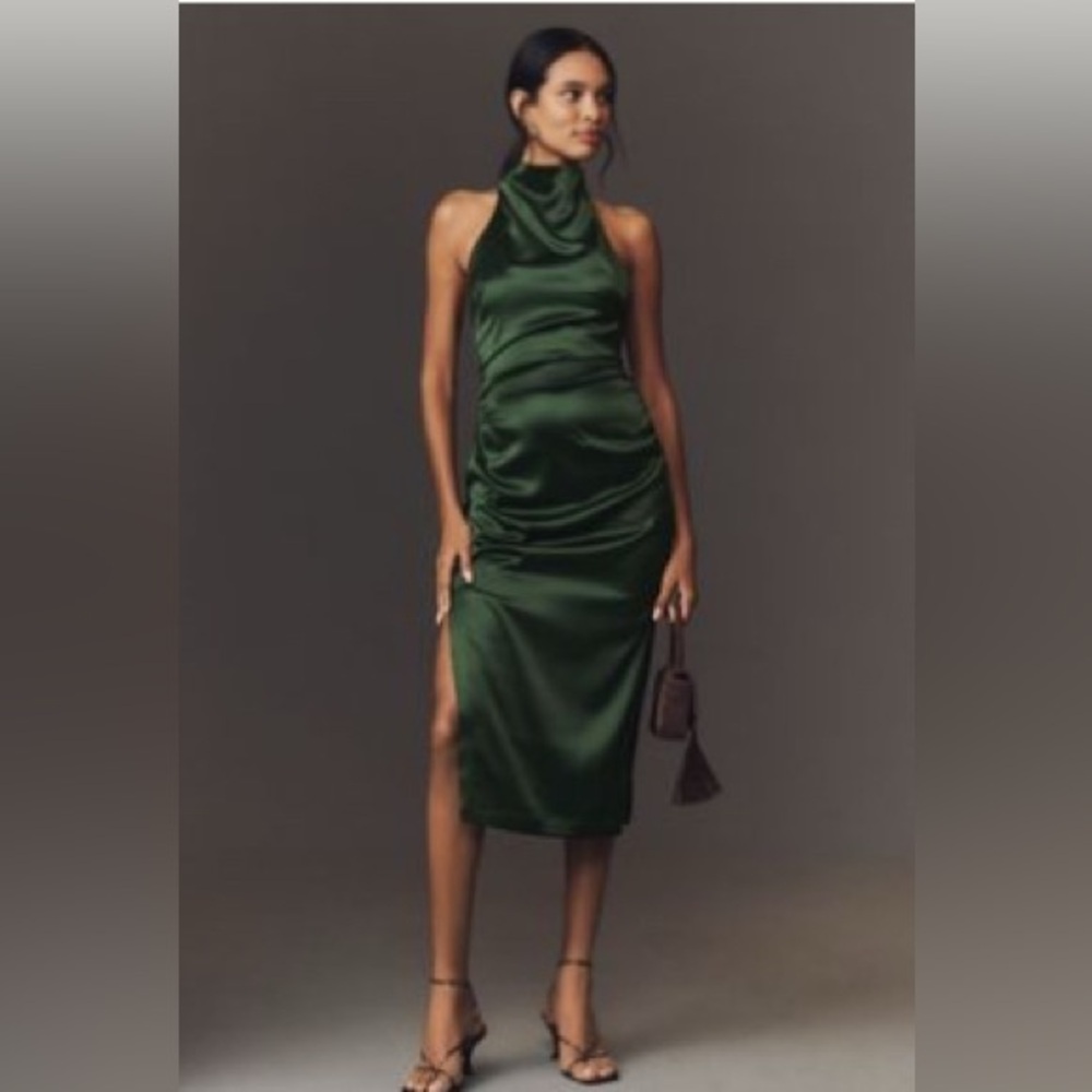 BHLDN Satin Backless Dress in Hunter Green Anthropologie